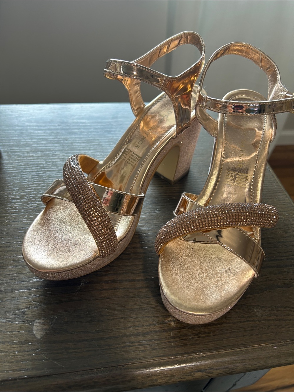 Metallic Rose Gold Block Heel Sandals with Crystal Strap